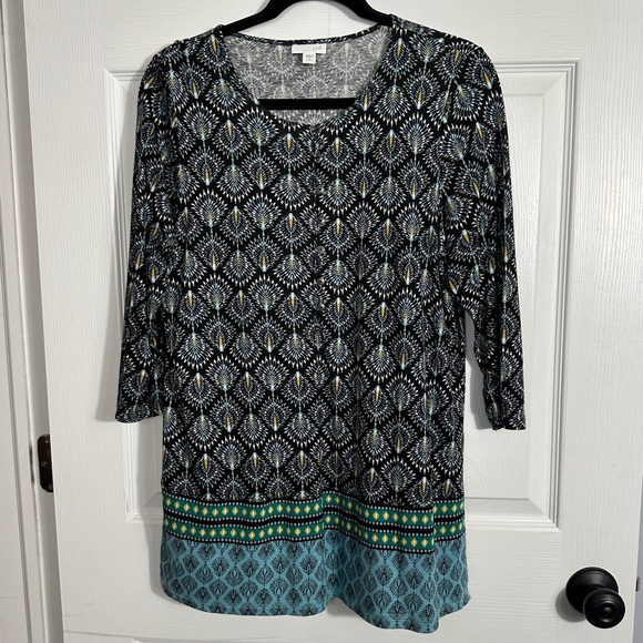 J. Jill size M Petite tunic, peacock pattern, rayon/tencel, stretch, office - Picture 1 of 10